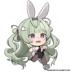 Rule 34 | 1girl, @ @, animal ears, black bow, black bowtie, black leotard, blunt bangs, blush, bow, bowtie, breasts, chibi, commentary, english commentary, full body, goddess of victory: nikke, green hair, green nails, hair ornament, highres, large breasts, leotard, long hair, mole, mole on breast, nail polish, no nose, nose blush, official art, open mouth, pantyhose, playboy bunny, purple eyes, rabbit ears, rabbit tail, shoes, sneakers, soda (nikke), soda (twinkling bunny) (nikke), solo, standing, standing on one leg, strapless, strapless leotard, tail, totatokeke, traditional bowtie, very long hair, wavy mouth, wrist cuffs