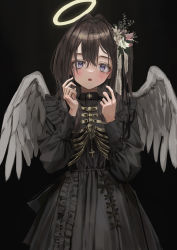 Rule 34 | 1girl, :o, absurdres, angel (nadegata), angel wings, black background, black dress, blush, brown hair, dress, fallen angel, feathered wings, flower, frilled dress, frills, gishiki (gshk), gothic lolita, grey wings, hair flower, hair ornament, halo, hands up, highres, lolita fashion, long sleeves, original, puffy long sleeves, puffy sleeves, purple eyes, simple background, solo, symmetry, wings