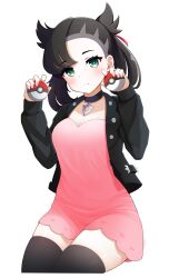 Rule 34 | 1girl, absurdres, black choker, black hair, black jacket, black thighhighs, breasts, choker, cleavage, closed mouth, commission, creatures (company), dress, dual wielding, game freak, green eyes, hair ribbon, hands up, highres, holding, holding poke ball, jacket, light frown, looking at viewer, marnie (pokemon), medium breasts, medium hair, megumana, nintendo, pink dress, poke ball, poke ball (basic), pokemon, pokemon swsh, ribbon, short dress, sitting, skindentation, solo, thighhighs, thighs, transparent background, twintails, zettai ryouiki