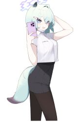 1girl absurdres animal_ears aqua_hair black_pantyhose black_skirt blue_archive blue_eyes blush bright_pupils cellphone fang halo highres holding holding_phone looking_at_viewer mask mask_pull mona_kkkk mouth_mask pantyhose phone school_uniform shigure_(blue_archive) shirt short_hair simple_background skirt solo tail weasel_ears weasel_tail white_background white_mask white_pupils white_shirt