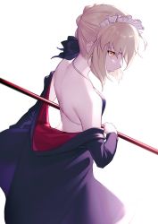 Rule 34 | 1girl, artoria pendragon (alter swimsuit rider) (fate), artoria pendragon (alter swimsuit rider) (second ascension) (fate), artoria pendragon (fate), backlighting, bare shoulders, bikini, bikini top only, black bikini, black bow, black hoodie, black jacket, blonde hair, blurry, bow, braid, broom, closed mouth, commentary, cowboy shot, depth of field, expressionless, eyelashes, fate/grand order, fate (series), frills, from behind, hair bow, hairband, halterneck, highres, holding, holding broom, hood, hood down, hoodie, jacket, kuen (kuennn12), long sleeves, looking at viewer, looking back, maid headdress, off-shoulder jacket, off shoulder, open clothes, open jacket, profile, short hair, sidelocks, simple background, solo, spaghetti strap, standing, strap gap, swimsuit, white background, yellow eyes