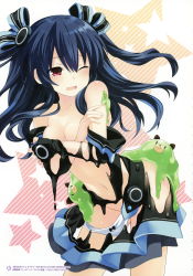 Rule 34 | 1girl, absurdres, black hair, bow, bow panties, breasts, choujijigen game neptune re;birth 2, dogoo, hair ornament, highres, long hair, medium breasts, melting, neptune (series), official art, panties, panty pull, red eyes, simple background, solo, tearing up, torn clothes, tsunako, two side up, underwear, uni (neptunia), white panties