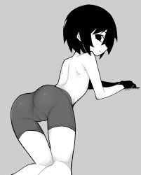 Rule 34 | 1girl, akableak, arm support, ass, bare back, bent over, bike shorts, black eyes, black gloves, black hair, black shorts, cameltoe, cleft of venus, closed mouth, empty eyes, flat chest, from behind, gloves, grey background, greyscale, highres, kneeling, kneepits, leaning forward, light smile, looking at viewer, looking back, monochrome, monogatari (series), oshino ougi, short hair, shorts, shoulder blades, simple background, smile, solo, thigh gap, topless