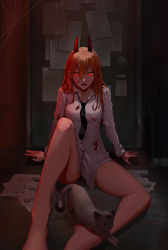 Rule 34 | 1girl, absurdres, aj (user cdvk2385), animal, bare legs, black necktie, blonde hair, blood, blood on clothes, breasts, cat, cat stretch, chainsaw man, demon girl, demon horns, door, feet out of frame, hair between eyes, highres, horns, knee up, long hair, looking at viewer, loose necktie, medium breasts, meowy (chainsaw man), necktie, no pants, open mouth, paper, power (chainsaw man), red eyes, red horns, sharp teeth, shirt, silk, sitting, solo, spider web, stretching, teeth, thighs, white shirt