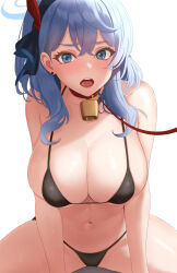 Rule 34 | 1girl, absurdres, ako (blue archive), alternate costume, bare arms, bare legs, bare shoulders, bell, bikini, black bikini, blue archive, blue eyes, blue hair, blue halo, blush, breasts, hair between eyes, halo, highres, large breasts, long hair, navel, neck bell, ni tamago sando, open mouth, sideboob, simple background, solo, stomach, swimsuit, white background