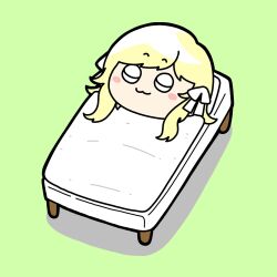 Rule 34 | 1girl, :3, assault lily, bed, blanket, blonde hair, blush, chibi, closed eyes, closed mouth, commentary, full body, green background, hair ribbon, highres, konpeitoull (c12h22o11 tr 6), long hair, luise ingels, lying, on back, on bed, pillow, ribbon, simple background, sleeping, smile, solo, under covers, white ribbon