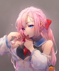 Rule 34 | 1girl, :/, ?, adjusting hair, bare shoulders, black shirt, blue eyes, bow, breasts, closed mouth, collar, dog tags, grey background, hair bow, hands up, highres, jacket, kureihii, light blush, long hair, looking at viewer, medium breasts, mouth hold, neckerchief, off shoulder, original, pink hair, ponytail, red bow, red neckerchief, shirt, simple background, solo, upper body, very long hair, white jacket, zipper pull tab