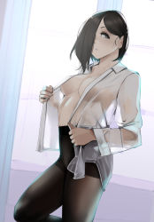 Rule 34 | 1girl, absurdres, black hair, black pantyhose, blush, breasts, closed mouth, collared shirt, commentary request, grey eyes, hair over one eye, highres, indoors, long bangs, long sleeves, looking at viewer, medium hair, mole, mole on breast, mole under mouth, no bra, open clothes, open shirt, original, pantyhose, pupi (rain prophet), see-through, shirt, solo, standing