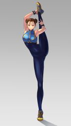 Rule 34 | 1girl, absurdres, brown hair, capcom, chun-li, covered navel, double bun, flexible, full body, grey background, hair ribbon, hara kenshi, highres, leg up, looking at viewer, pants, ribbon, shoes, sleeveless, smile, sneakers, solo, split, standing, standing on one leg, standing split, street fighter, street fighter zero (series), studded bracelet, tight clothes, tight pants