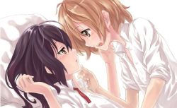 Rule 34 | 2girls, bed, black hair, blush, brown eyes, brown hair, eye contact, female focus, girl on top, grabbing another&#039;s chin, hair down, hirasawa yui, k-on!, long hair, looking at another, lying, multiple girls, nakano azusa, niangao, on back, open clothes, open mouth, pillow, school uniform, short hair, shy, untied, yuri