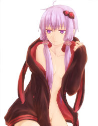 Rule 34 | 1girl, ahoge, bare shoulders, collarbone, colored eyelashes, convenient censoring, cowboy shot, expressionless, eyebrows, groin, hair censor, hair ornament, hair tubes, hairpin, highres, hood, hoodie, long hair, long sleeves, low twintails, midriff, naked hoodie, open clothes, open hoodie, purple eyes, purple hair, rozu (seiga), simple background, solo, thighs, tsurime, twintails, vocaloid, voiceroid, white background, yuzuki yukari