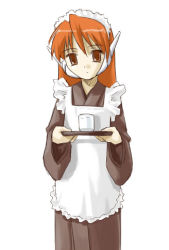 Rule 34 | 1girl, apron, japanese clothes, lowres, maid, maid apron, robot ears, serio (to heart), simple background, solo, to heart, to heart (series), tray, umekichi, wa maid, white background