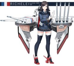 Rule 34 | 1girl, absurdres, anchor, anchor hair ornament, bad id, bad pixiv id, battleship, black hair, blue eyes, buttons, cannon, character name, chiyo goya, commentary, cross, frilled skirt, frills, gloves, hair ornament, highres, jacket, long hair, long sleeves, machinery, mecha musume, military, military jacket, military vehicle, necktie, original, personification, pleated skirt, richelieu (battleship), rudder footwear, ship, simple background, skirt, smokestack, solo, thighhighs, thighs, turret, uniform, warship, watercraft, white background, white gloves