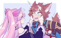 Rule 34 | 1boy, 1girl, animal ears, armor, blue eyes, blunt bangs, blush, brown hair, constricted pupils, dog ears, dog tail, dress, eyes visible through hair, fang, fangs, finger in another&#039;s mouth, flustered, frilled sleeves, frills, genshin impact, gorou (genshin impact), hands on another&#039;s face, japanese armor, long hair, long sleeves, looking at another, mao (expuella), multicolored hair, off shoulder, open mouth, pink hair, ponytail, purple dress, purple eyes, sangonomiya kokomi, shoulder armor, sidelocks, starry sky print, tail, tassel, twitter username, two-tone hair, very long hair, white background, white hair, wide-eyed, wide sleeves, wing hair ornament
