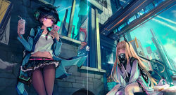 Rule 34 | 2girls, against wall, aircraft, airplane, backpack, bad id, bad pixiv id, bag, behind-the-head headphones, belt, between legs, black hair, black legwear, black skirt, blonde hair, blue sky, bow, braid, brick wall, building, camisole, cellphone, city, closed eyes, contrail, covered mouth, crotch seam, cup, day, denim, disposable cup, dk.senie, from below, hair bow, hair ornament, hair over shoulder, hand between legs, headphones, holding, holding cup, holding phone, jacket, jeans, long hair, long sleeves, looking at phone, mask, miniskirt, mouth mask, multiple girls, navel, open clothes, open jacket, original, outdoors, panties, panties under pantyhose, pants, pantyhose, pantyshot, phone, pink bow, pleated skirt, purple eyes, single braid, sitting, skirt, sky, smartphone, standing, thigh gap, underwear, upskirt, very long hair, white jacket, white legwear, window