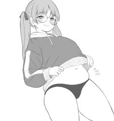 Rule 34 | 1girl, blue archive, blush, breasts, character request, closed mouth, clothes lift, copyright request, cowboy shot, drawstring, glasses, grey hair, greyscale, highres, long hair, long sleeves, looking at viewer, medium breasts, moe (blue archive), moe (swimsuit) (blue archive), monochrome, navel, noe aoikaba, notice lines, plump, simple background, solo, thick thighs, thighs, twintails, twitter, white background