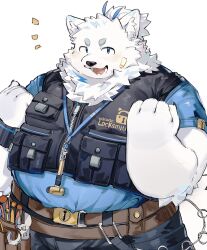 Rule 34 | 1boy, absurdres, animal ears, bandaid, bandaid on face, bara, belt, belt pouch, black pants, blue eyes, blue fur, blue shirt, blush, dog boy, dog ears, dog tail, furry, furry male, hands up, highres, key, keyhole, kurotero, lanyard, live a hero, male focus, open mouth, pants, ponytail, pouch, scope, screwdriver, shirt, simple background, sleeveless, sleeveless jacket, solo, tail, thick eyebrows, upper body, white fur, wrench, wristband, yohack