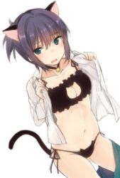 Rule 34 | 1girl, animal ears, bell, black bra, black choker, black panties, blue eyes, blush, bra, breasts, cat ears, cat lingerie, cat tail, choker, cleavage, cleavage cutout, clothing cutout, commentary request, copyright request, cowboy shot, dutch angle, embarrassed, fang, gluteal fold, green skirt, jingle bell, looking at viewer, medium breasts, meme attire, nagami yuu, navel, neck bell, open clothes, open shirt, panties, parted lips, pleated skirt, ponytail, purple hair, shirt, short hair, simple background, skirt, solo, standing, tail, underwear, undressing, white background, white shirt