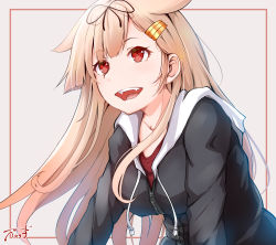 Rule 34 | 1girl, alternate costume, artist name, baileys (tranquillity650), black jacket, blonde hair, collarbone, commentary request, hair behind ear, hair between eyes, hair flaps, hair ornament, hair ribbon, highres, hood, hood down, hooded jacket, hoodie, jacket, kantai collection, long hair, open mouth, red eyes, red shirt, ribbon, shirt, signature, solo, yuudachi (kancolle), yuudachi kai ni (kancolle), zipper