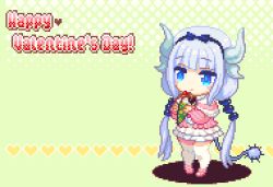Rule 34 | 10s, 1girl, ^ ^, animated, animated gif, beads, black hairband, blinking, blue bow, blue eyes, blunt bangs, blush, bow, capelet, cherry, chewing, chocolate, closed eyes, crepe, dragon girl, dragon horns, dragon tail, dress, eating, english text, food, food on face, fruit, full body, gothic lolita, green background, hair beads, hair bow, hair ornament, hairband, halftone, halftone background, hands up, happy valentine, heart, holding, holding food, horns, kanna kamui, knees together feet apart, kobayashi-san chi no maidragon, licking lips, light purple hair, lolita fashion, long hair, long sleeves, looking away, low twintails, lowres, pink dress, pink footwear, pixel art, shadow, shigeru arsw, shoes, sidelocks, smile, solo, standing, tail, tail wagging, thighhighs, tongue, tongue out, twintails, very long hair, white thighhighs, wrapper, zettai ryouiki