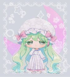 Rule 34 | 1girl, absurdly long hair, bow, center frills, chibi, commentary request, crescent, dress, falulu, frills, full body, green hair, hair down, hand up, hat, hat bow, highres, long hair, long sleeves, looking at viewer, mob cap, pajamas, pink bow, pretty series, pripara, purple dress, rin (ikura meshi), sleepy, slippers, solo, sparkle, standing, very long hair, wavy hair