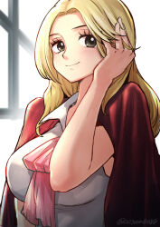 Rule 34 | 1girl, aosora2823, black eyes, blonde hair, blush, closed mouth, coat, coat on shoulders, commentary, english commentary, hand in own hair, happy, highres, kaya (one piece), long hair, one piece, red coat, smile, solo