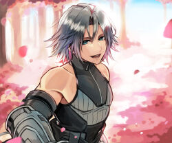 1boy alternate_hair_length alternate_hairstyle blue_eyes cropped_torso day falling_leaves final_fantasy final_fantasy_vii final_fantasy_vii_ever_crisis gloves grey_hair highres leaf looking_at_viewer male_focus official_alternate_costume open_mouth outdoors parted_bangs ryu_kisaragi sephiroth sephiroth_(edged_wings) short_hair sleeveless smile solo upper_body