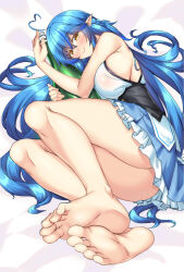 Rule 34 | 1girl, ahoge, armpit crease, ass, bare legs, barefoot, bed sheet, blue dress, blue hair, blush, bottle, braid, breasts, closed mouth, commentary request, corset, crossed bangs, dress, feet, foreshortening, french braid, frilled dress, frills, hair between eyes, hands up, heart, heart ahoge, highres, holding, hololive, large breasts, legs, legs together, long hair, looking at viewer, lying, on side, pointy ears, sake bottle, shadow, shirokuma a, sideboob, sidelocks, sleeveless, sleeveless dress, smile, soles, solo, thighs, toenails, toes, two-tone dress, very long hair, virtual youtuber, white dress, yellow eyes, yukihana lamy, yukihana lamy (1st costume)