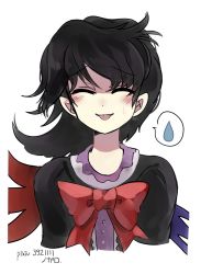 Rule 34 | 1girl, asymmetrical wings, biting tongue, black dress, black hair, blue wings, blush, bow, bowtie, buttons, center frills, closed eyes, commentary request, dress, frilled dress, frills, highres, houjuu nue, ichirugi, medium hair, pointy ears, red bow, red bowtie, red wings, short sleeves, simple background, smile, solo, spoken sweatdrop, sweatdrop, tongue, tongue out, touhou, upper body, white background, wings