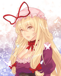 Rule 34 | 1girl, bad id, bad pixiv id, blonde hair, bow, breasts, bug, butterfly, cherry blossoms, choker, cleavage, corset, eyebrows, from side, hair between eyes, hair bow, hat, hat ribbon, highres, insect, large breasts, light particles, lips, long hair, long sleeves, looking at viewer, mob cap, parted lips, petals, puffy long sleeves, puffy sleeves, ribbon, ribbon choker, shiny skin, sidelocks, snowflakes, solo, touhou, upper body, x&amp;x&amp;x, yakumo yukari, yellow eyes