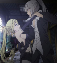 Rule 34 | 1boy, 1girl, blonde hair, breasts, cleavage, clothes pull, gloves, highres, large breasts, lieselotte sherlock, long hair, master biblia, pink eyes, ponytail, purple eyes, screencap, shorts, shorts pull, silver hair, trinity seven, twintails