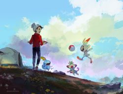 Rule 34 | 1boy, artist name, beanie, cable knit, cloud, commentary request, creatures (company), day, game freak, gen 8 pokemon, grey headwear, grookey, hat, highres, holding, male focus, nintendo, open mouth, outdoors, pants, pokemon, pokemon (creature), pokemon swsh, red shirt, scorbunny, shirt, shoes, sky, sleeves rolled up, smile, sobble, standing, starter pokemon trio, suzuki iori, tent, victor (pokemon), watermark