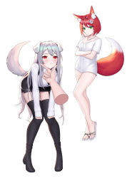 Rule 34 | 2girls, animal ears, black footwear, black legwear, black skirt, boots, breasts, cleavage, closed mouth, commission, crossed arms, dog ears, dog girl, dog tail, fox ears, fox girl, fox tail, garter straps, green eyes, highres, jewelry, leaning forward, long hair, long sleeves, looking at viewer, medium breasts, miniskirt, multiple girls, necklace, no pants, original, red eyes, red hair, shirt, short hair, silver hair, simple background, siun, skirt, tail, thighhighs, v-shaped eyebrows, very long hair, white background, white shirt, zettai ryouiki