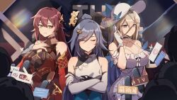 Rule 34 | 3girls, aponia (honkai impact), aponia (mesmerizing blue), bare shoulders, blonde hair, blue eyes, breasts, cleavage, cleavage cutout, closed eyes, closed mouth, clothing cutout, crossed arms, dress, eden (honkai impact), flat chest, fu hua, fu hua (azure empyrea), grey hair, hair between eyes, hair ornament, hand in own hair, hand on own chest, hat, highres, honkai (series), honkai impact 3rd, large breasts, long hair, long sleeves, microphone, multiple girls, open mouth, people, red dress, red eyes, short sleeves, side cutout, sun hat, teeth, the game awards, two-tone dress, very long hair, white dress, xinzhizhu, yellow eyes