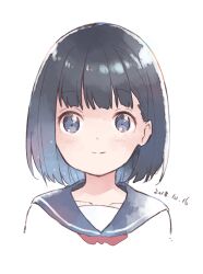 Rule 34 | 1girl, black sailor collar, blue eyes, blush, bob cut, closed mouth, cropped torso, dated, highres, looking at viewer, nirareba, original, sailor collar, shirt, simple background, smile, solo, upper body, white background, white shirt