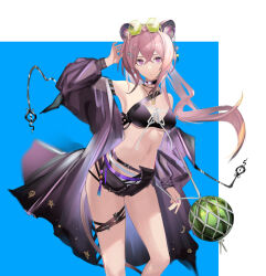 Rule 34 | 1girl, animal ears, arknights, armpits, bare shoulders, bikini, black bikini, black choker, black shorts, choker, coat, commentary, eugle na, eyewear on head, food, fruit, hair between eyes, highres, lin (arknights), long hair, looking at viewer, mouse ears, navel, off shoulder, open clothes, open coat, pink hair, purple coat, purple eyes, short shorts, shorts, solo, standing, stomach, sunglasses, swimsuit, thigh strap, thighs, watermelon