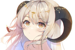Rule 34 | 1girl, alister, bare shoulders, chinese commentary, ciyana, collarbone, corrupted metadata, expressionless, highres, horns, indie virtual youtuber, light blush, mole, mole under eye, platinum blonde hair, portrait, solo, upper body, virtual youtuber, white background