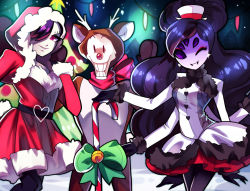 Rule 34 | 1girl, 2boys, alternate costume, alternate hair length, alternate hairstyle, android, antlers, arthropod girl, black hair, black pantyhose, black scarf, bow, candy, candy cane, christmas, christmas lights, crossdressing, dress, extra arms, extra eyes, food, green bow, grin, hat, hat ribbon, heart, hood, horns, long hair, mettaton, mettaton ex, muffet, multiple boys, night, one eye closed, one eye covered, pantyhose, papyrus (undertale), purple eyes, red nose, red ribbon, ribbon, rotodisk, rudolph the red nosed reindeer, santa costume, scarf, short hair, skeleton, skirt, smile, snow, trap, undertale, white headwear