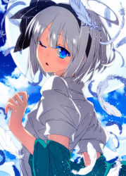 Rule 34 | 1girl, ahoge, blouse, blue eyes, colored eyelashes, feathers, hairband, highres, konpaku youmu, looking at viewer, looking back, one eye closed, parted lips, sazanami mio, shirt, short sleeves, silver hair, solo, touhou, upper body, white shirt