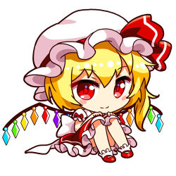Rule 34 | 1girl, blonde hair, blush, blush stickers, bow, chibi, flandre scarlet, frilled skirt, frills, full body, hands on own knees, hat, hat ribbon, looking at viewer, lowres, mary janes, mob cap, puffy short sleeves, puffy sleeves, red bow, red eyes, red footwear, red ribbon, red skirt, renren (ah renren), ribbon, shinobu shinobu, shoes, short sleeves, side ponytail, simple background, sitting, skirt, smile, socks, solo, touhou, white background, white hat, white socks, wings