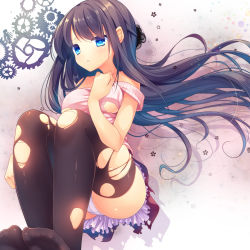 1girl absurdres black_hair blue_eyes blush breasts cameltoe female_focus flower highres long_hair medium_breasts nametake_noko nametakenoko no_bra original panties solo thighhighs torn_clothes underboob underwear