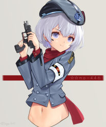 Rule 34 | 1girl, beret, blue jacket, breasts, character name, closed mouth, girls&#039; frontline, gun, handgun, hat, holding, holding gun, holding weapon, ingerdoll, jacket, light purple hair, looking away, mp-446 (girls&#039; frontline), mp-446 viking, navel, pistol, purple eyes, red scarf, scarf, short hair, small breasts, smile, solo, upper body, weapon