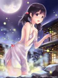 Rule 34 | 1girl, :d, akiyama minaki, architecture, bare shoulders, black eyes, black hair, breasts, building, collarbone, copyright name, east asian architecture, fireflies, full moon, hair bobbles, hair ornament, ilog, looking at viewer, moon, naked towel, night, night sky, occhan (11715), official art, onsen, open mouth, rock, sky, small breasts, smile, solo, steam, towel, twintails, wet