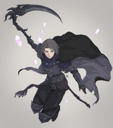 Rule 34 | 1girl, armor, artist name, belt, black cape, black footwear, black gloves, black pants, boots, breastplate, brooch, brown background, cape, commentary, crystal, ear piercing, earrings, film grain, final fantasy, final fantasy xiv, floating, floating object, full body, gem, gloves, grey eyes, grey hair, highres, holding, holding scythe, holding weapon, hyur, jewelry, josh corpuz, jumping, knee guards, looking to the side, o-ring, outstretched arms, pants, piercing, purple gemstone, reaper (final fantasy), scythe, serious, short hair, sideways glance, signature, simple background, single earring, solo, torn cape, torn clothes, two-sided fabric, vambraces, weapon, zero (ff14)