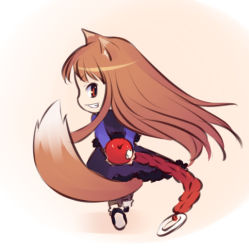 Rule 34 | 1girl, animal ears, apple, brown hair, chibi, food, fruit, futaba jun, holding, holding food, holding fruit, holo, long hair, looking back, lowres, red eyes, smile, solo, spice and wolf, tail, wolf ears, wolf tail