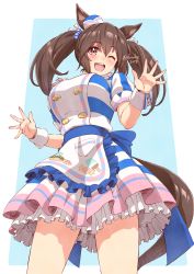 Rule 34 | 1girl, absurdres, animal ears, apron, breasts, brown hair, dress, fuusuke (fusuke208), hat, highres, hishi akebono (umamusume), horse ears, horse girl, horse tail, large breasts, one eye closed, striped clothes, striped dress, tail, twintails, twitter username, umamusume, wrist cuffs