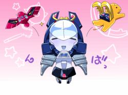 Rule 34 | 1boy, :d, = =, ball and chain (weapon), bird, blush, buri hamachi, chibi, closed eyes, deathsaurus, decepticon, eagle breast, flail, full body, gradient background, happy, male focus, mechanical wings, no nose, open mouth, pink background, robot, smile, solo, sparkle, standing, star (symbol), tail, tiger breast, transformers, transformers: victory, transformers victory, weapon, wings, yojio (2188)