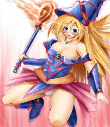 Rule 34 | 1girl, bad id, bad pixiv id, blastbeat, blonde hair, blue eyes, blue footwear, blush stickers, boots, breasts, cleavage, dark magician girl, duel monster, hat, large breasts, long hair, open mouth, panties, pentacle, pink background, underwear, wand, white panties, yu-gi-oh!, yuu-gi-ou, yu-gi-oh! duel monsters