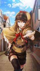 Rule 34 | 1girl, alternate costume, belt, black thighhighs, blue eyes, brown hair, capelet, cloud, cloudy sky, collared shirt, cosplay, cowboy shot, day, hand on own hip, hat, highres, house, huke, long hair, makise kurisu, neck ribbon, official art, open mouth, plaid, plaid shorts, pointing, pointing at viewer, ribbon, sherlock holmes, sherlock holmes (cosplay), shirt, short shorts, shorts, sky, solo, steins;gate, thighhighs, vest