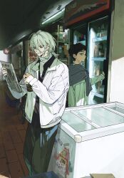 2boys bags_under_eyes black_hair black_jacket book brick_floor can ceiling_light chenpeipeii collared_shirt drink expressionless freezer from_side glass_door_refrigerator grey_eyes grey_jacket grey_pants hair_between_eyes hands_up highres holding holding_book holding_can indoors jacket jacket_on_shoulders leaning_on_object long_bangs long_sleeves looking_at_another looking_at_object male_focus medium_hair mole mole_under_eye mole_under_mouth multiple_boys open_clothes open_jacket original pants parted_lips shirt shop short_hair sideways_glance sleeves_past_wrists standing sweater turtleneck turtleneck_sweater white_eyes white_hair white_jacket white_shirt white_sweater